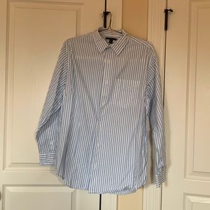 Men’s striped dress shirt with button cuffs.